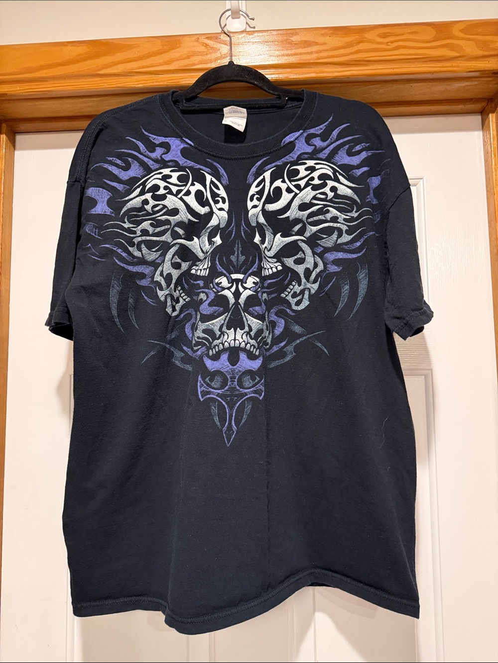 Gildan Black Short Sleeve Tee with Purple and White Skull Graphic